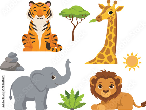 Photography Cute Cartoon African Safari Wild Animals Vector Character Set Featuring Tiger Gi