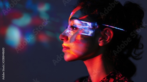 Womans face illuminated by colorful, abstract light projections.