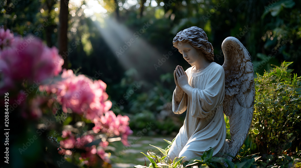 Obraz premium small stone angel statue sitting among green garden plants and pink flowers in soft natural sunlight outdoors peaceful scene