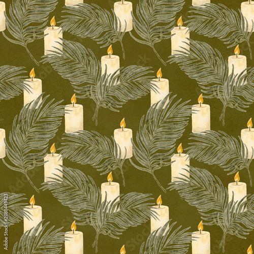 Palm leaf and candle seamless pattern, hand-painted watercolor in soft olive and ivory tones, calm religious composition for Palm Sunday, Easter designs, spiritual branding, packaging, backgrounds art