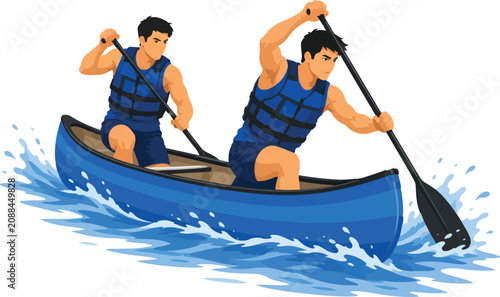 Fotografía Two men canoeing together on choppy water paddling