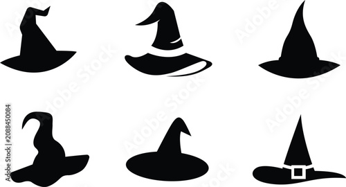 Black witch hats silhouettes for halloween and magic themes