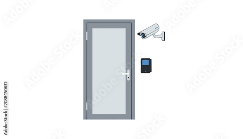 Closed office door featuring an electronic digital keypad security lock and a wall mounted surveillance camera observing the entry point area.