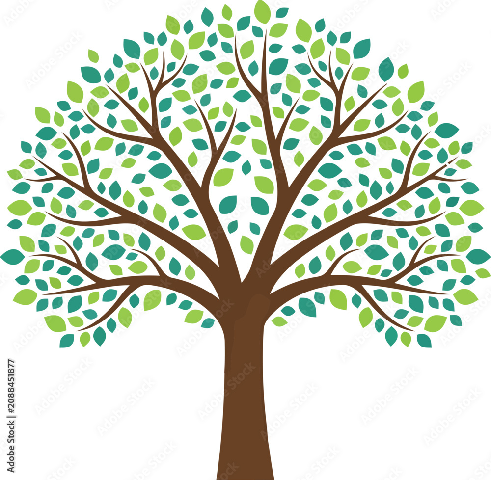 Fototapeta premium Stylized brown tree with green and teal leaves
