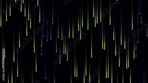 Vibrant streaks of light descend against a deep black canvas