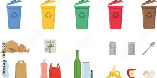 Canvastavla Waste Sorting and Garbage Recycling Icon Set with Multi Colored Bins For Cardboa