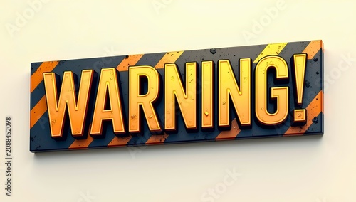 Artwork showing WARNING! text in bold orange three-dimensional letters with dark outline on diagonal orange and black striped background