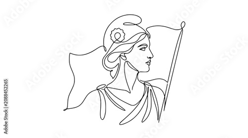 One Line Drawing of Marianne Statue with French Flag - Symbol of Liberty and Republic