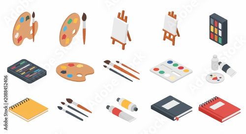 Flat design icons of art supplies for creative projects.