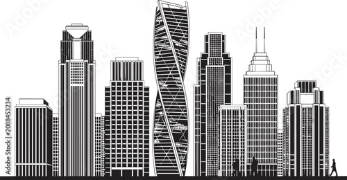 Quadro su tela Modern city skyline with diverse architectural styles in monochrome silhouette a
