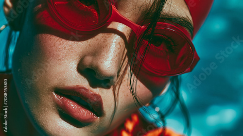 Beautiful swimmer athlete woman wearing red goggles , looking to camera , swimming pool is background.