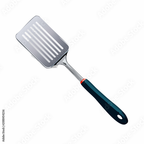 Silver metal spatula with black handle isolated on white background
