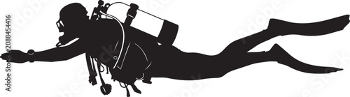 Quadro su tela Scuba diver silhouette swimming underwater during exploration with clear fins an