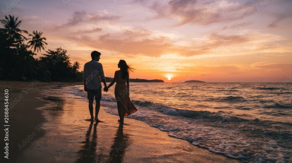 Fototapeta premium couple walking on the beach at sunset