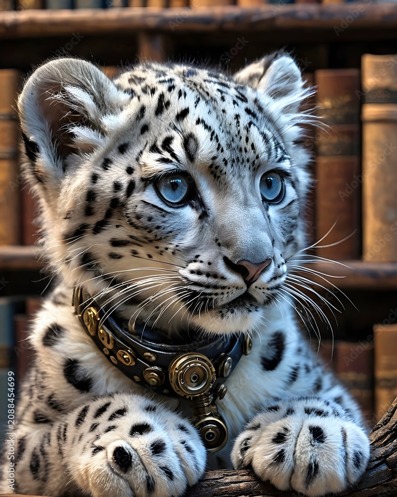 Obraz premium A steampunk snow leopard cub digitally created animal, generative ai, in a bookstore