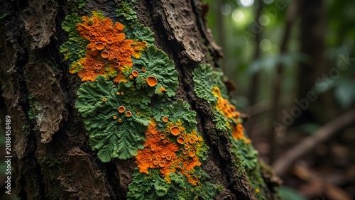 Lichen, a vibrant combination of green and orange growths, adheres closely to the rough bark of a tree trunk, showcasing the intricate patterns of forest biodiversity.