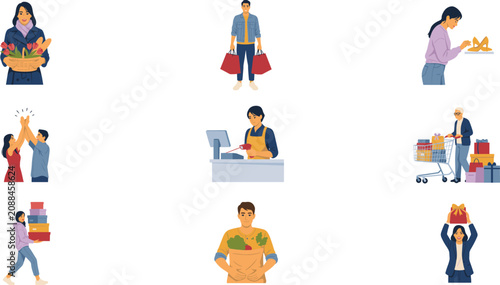 People Shopping and Retail Consumer Vector Character Set with Cashier Checkout Counter Groceries Basket Shopping Bags Cart Stacked Gift Boxes Poses