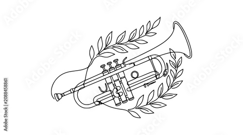 Photography Minimalist Single Line Drawing of a Trumpet with Laurel Wreath
