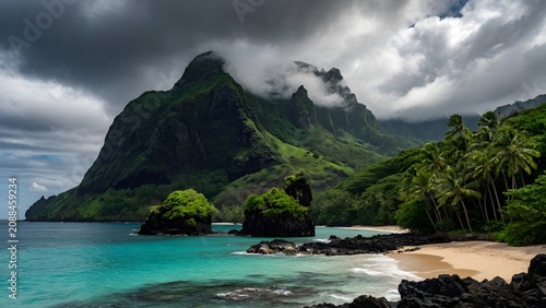 Majestic mountains rise dramatically above a serene beach, framed by lush greenery and dark volcanic rocks, creating a breathtaking tropical landscape.