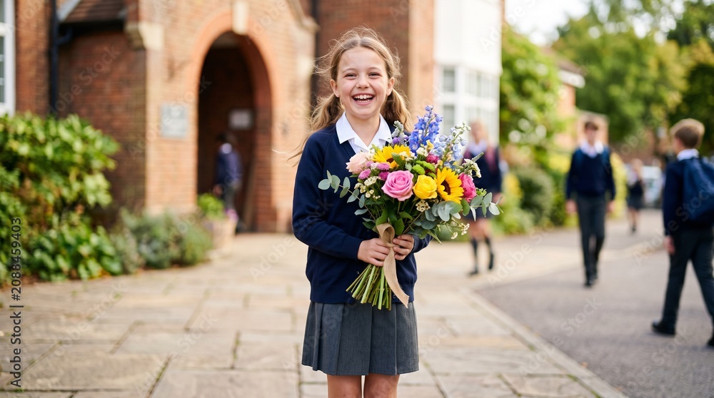 Fototapeta premium Schoolgirl holding bouquet of flowers in front of school, laughing student in uniform for teacher appreciation or graduation celebration concept