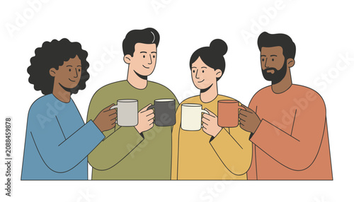 Group of diverse friends holding ceramic mugs and cheering during a friendly gathering for hot beverages in a warm social setting.