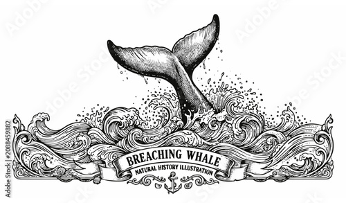 Photos Vintage hand drawn sketch breaching whale tail fluke splashing ocean waves horiz