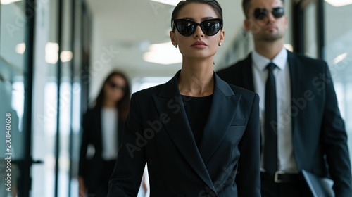 Female bodyguard in an elegant suit protecting a VIP client at a business conference, highlighting modern professional security in an office environment.