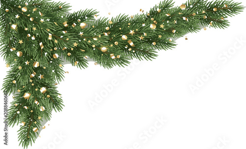 Festive Christmas Pine Corner Border with Realistic Evergreen Fir Branches Golden Glitter Accents and Elegant Holiday Background Decoration