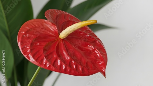 Vibrant red anthurium flower, characterized by its glossy, heart-shaped spathe and prominent yellow spadix, stands out against a blurred green foliage background.