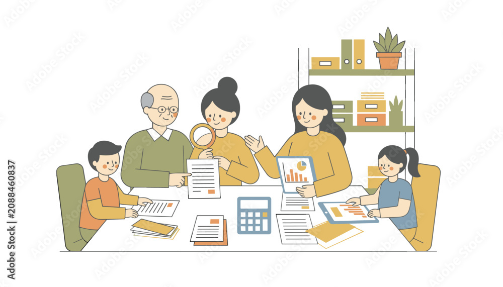 Fototapeta premium Financial consultant explains investment charts and documents to a multi-generational family sitting at a table with a magnifying glass.
