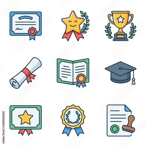Education Icons with Smiling Faces in Bright Graphic Design for Preschool Learning