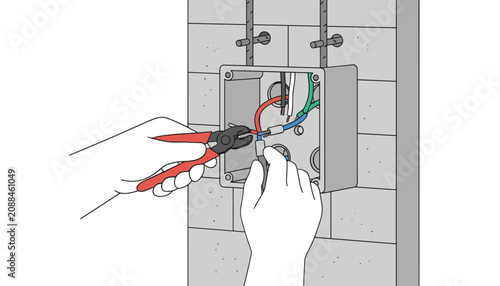 Electrician uses specialized wire stripping pliers to cut insulation from electrical cables inside a wall-mounted junction box during repair.
