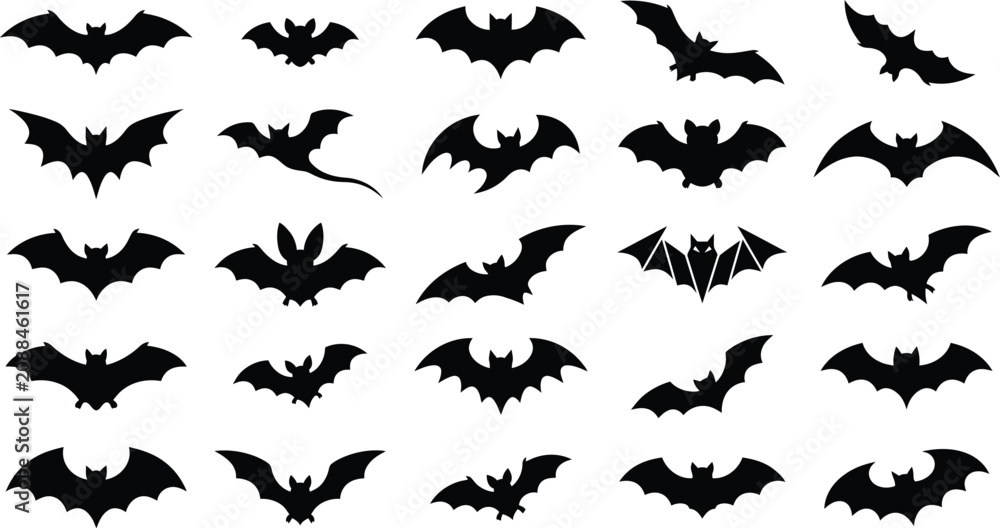 Fototapeta premium Bat Silhouette Icon Set, Halloween Flying Animal Vector Symbols Collection