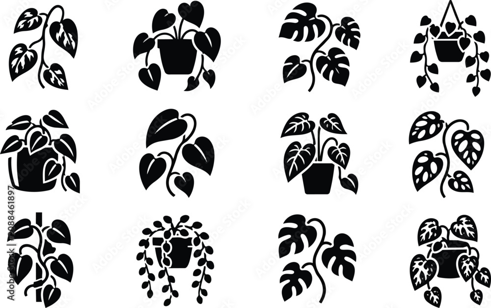 Fototapeta premium Black Silhouette Houseplants Vector Icons Set, Potted and Hanging Foliage.