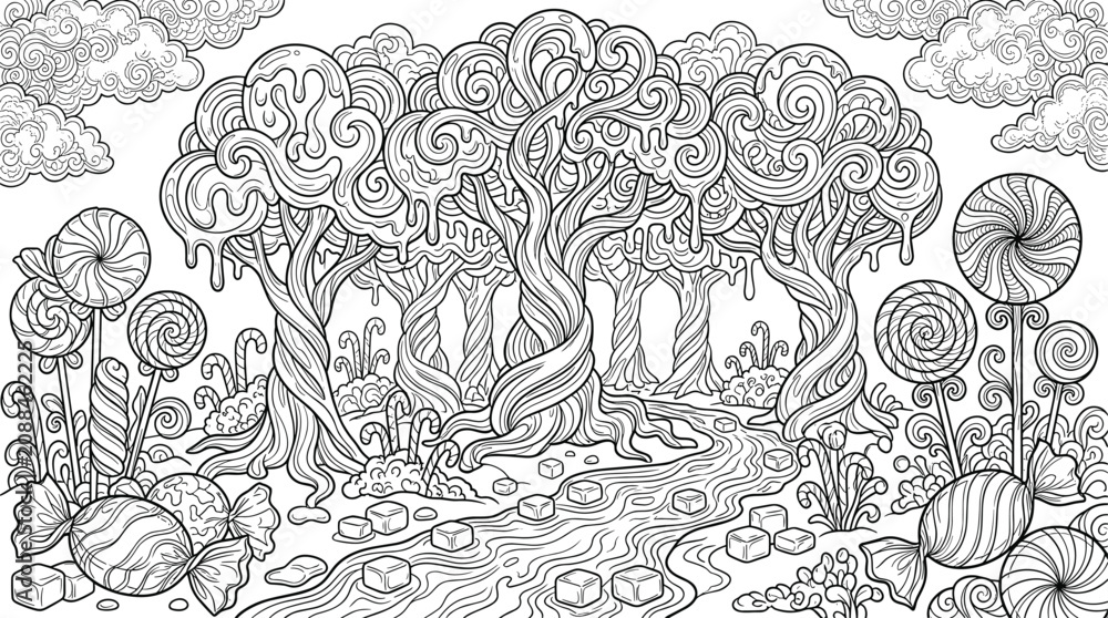 Obraz premium Fantasy Candy Forest Coloring Page with Lollipop Trees Swirling Woodland Stream and Whimsical Zentangle Landscape Outline Vector Illustration