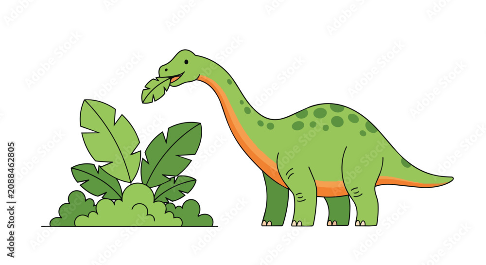 Fototapeta premium Cute Friendly Green Brontosaurus Dinosaur Eating Fresh Tropical Leaves in a Wild Jungle Nature Environment Graphic