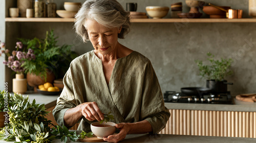 Senior woman preparing boldo tea in a bright kitchen showcasing Brazilian medicinal herb wellness and healthy aging routine