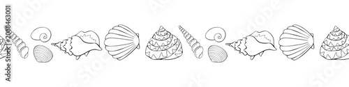 Edging, ribbon, border from Black outline seashell icons in doodle style. Decorative element, divider, edge decoration on theme of Beach holiday, kids design