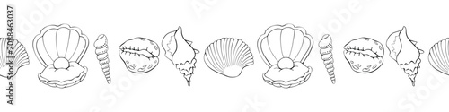 Edging, ribbon, border from Black outline seashell icons in doodle style. Decorative element, divider, edge decoration on theme of Beach holiday, kids design