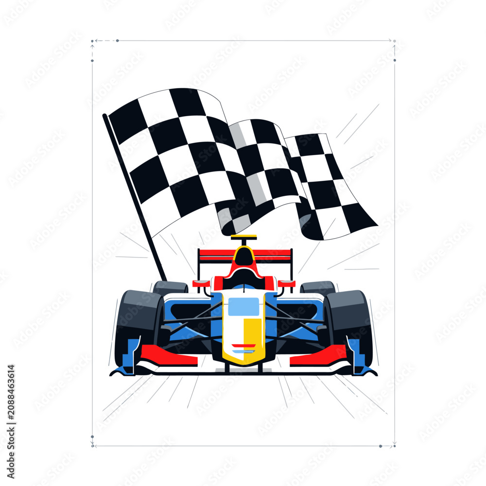 Obraz premium Formula 1 Race Car Crossing Finish Line with Chequered Flag
