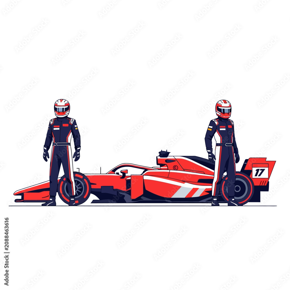 Obraz premium Formula 1 Race Car and Drivers - Red Speed Machine on White Background