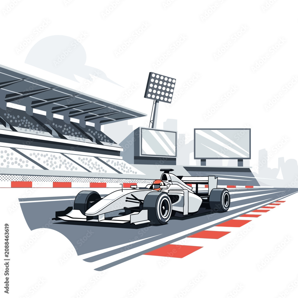 Obraz premium Formula 1 Race Car Speeding on Track with Grandstands and Stadium Lights