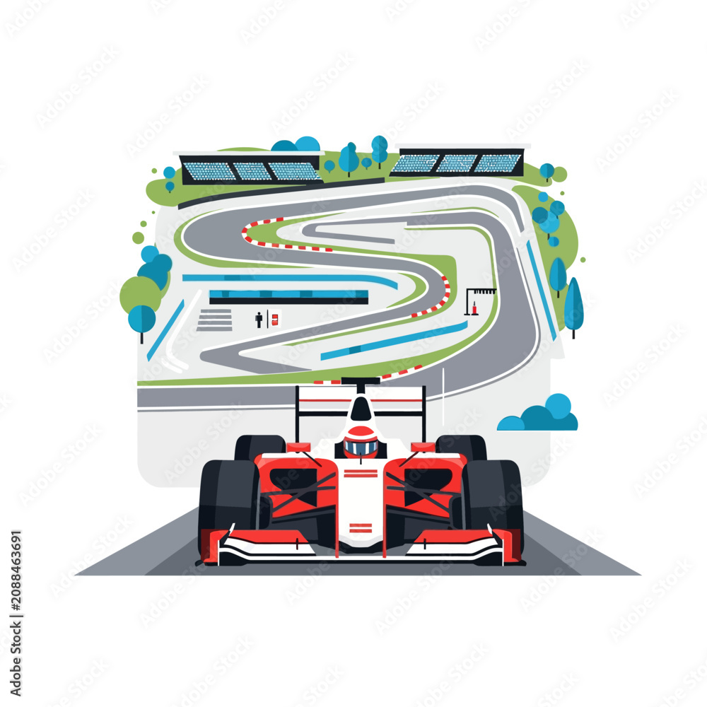 Obraz premium Formula 1 Racing Car on Track with Grandstands and Trees - Vector Illustration