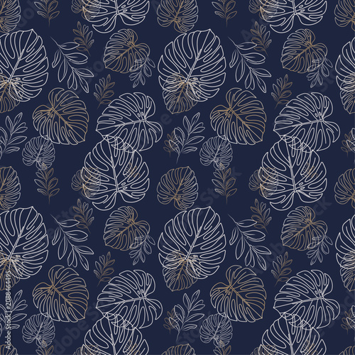 Luxury Navy Blue and Gold Tropical Seamless Pattern, Elegant Monstera and Palm Leaves Line Art, Dark Night Botanical Background for Textile, Wallpaper, Package Design