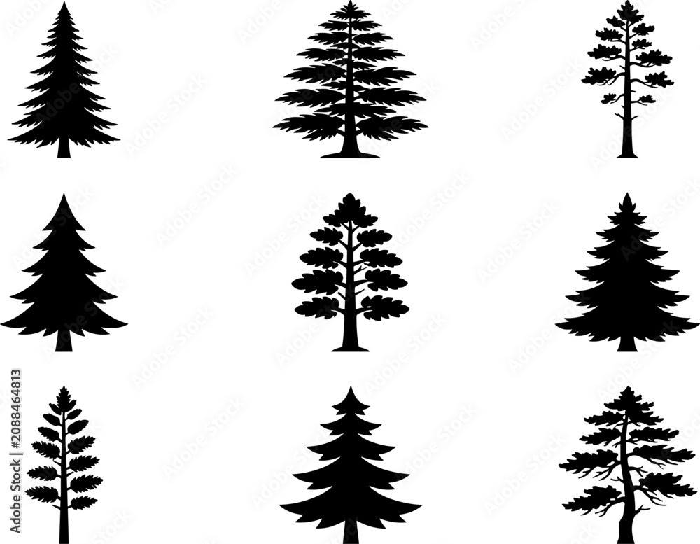 Fototapeta premium Conifer Tree Silhouette Collection with Pine Spruce and Evergreen Forest Icons for Nature Landscaping and Woodland Design Projects