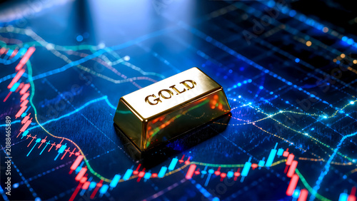 A polished gold bar stamped with GOLD rests centrally on a futuristic, dark blue digital interface displaying complex financial candlestick charts, trend lines, and data points.