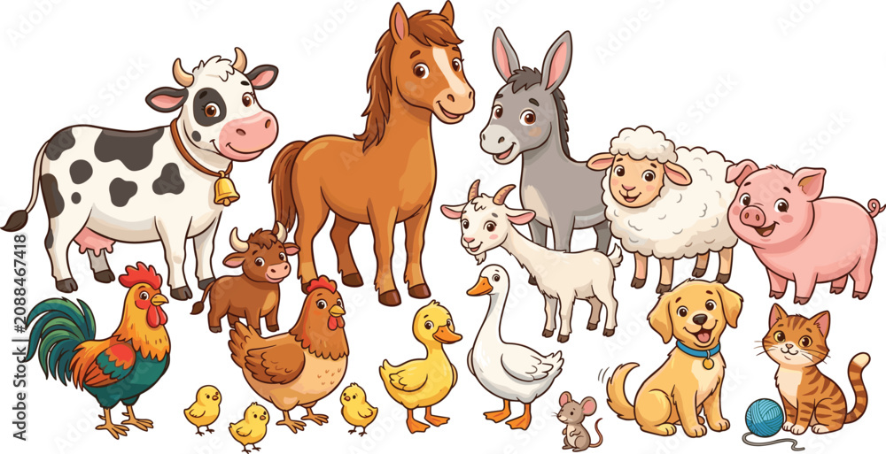 Fototapeta premium Cute Farm Animal Collection with Cow Horse Donkey Sheep Pig Goat Chickens Ducks Dog Cat and Rabbit Vector Illustration Set