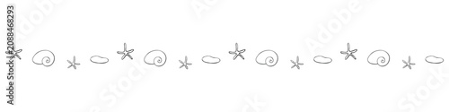 Edging, ribbon, border from Black outline seashell icons in doodle style. Decorative element, divider, edge decoration on theme of Beach holiday, kids design