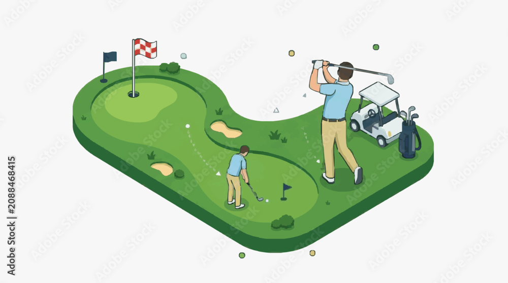 Fototapeta premium Clean Isometric of Two Golfers Playing on a Green Golf Course with Flags and Golf Carts with high quality professional line art symbols for modern creative design and digital branding projects