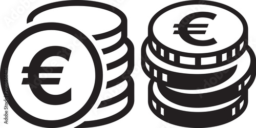 Euro currency coin stacks silhouette icon vector with currency business silhouette background investment isolated illustration